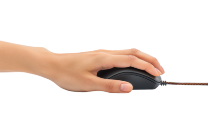 Hand on computer mouse on white transparent background
