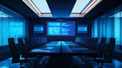 A depiction of a tech conference room equipped with smart technology, video screens, and a sleek design for presentations