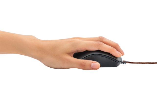 Hand on computer mouse on white transparent background
