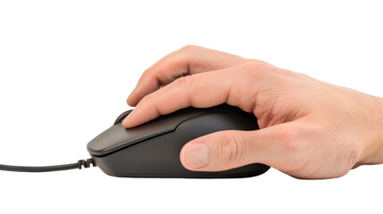 Hand on computer mouse on white transparent background