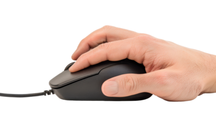 Hand on computer mouse on white transparent background
