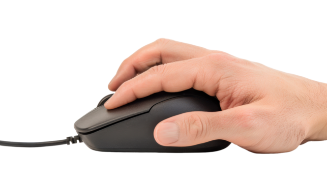 Hand on computer mouse on white transparent background

