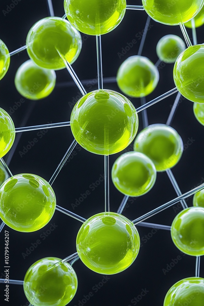 Poster abstract view of interconnected green spheres representing molecular structures on a dark background