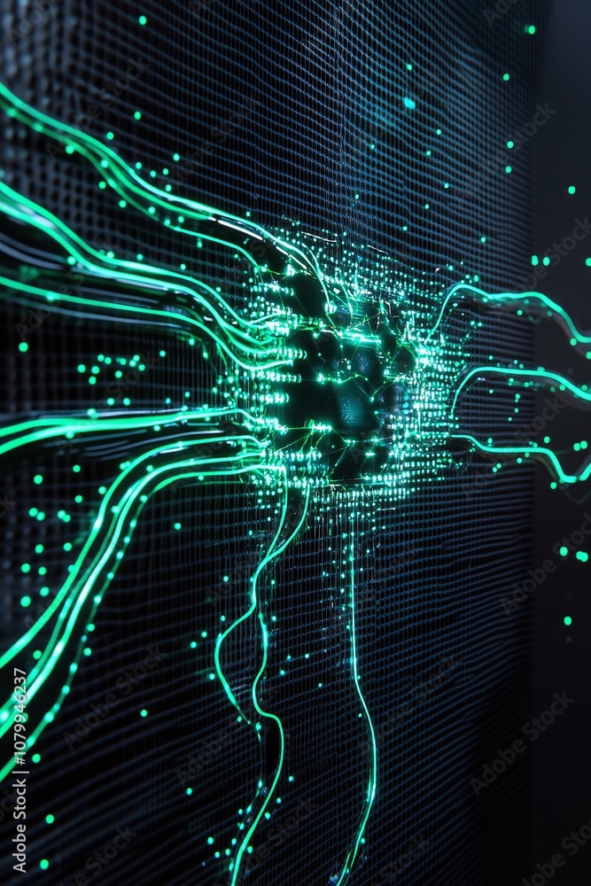 Poster abstract visualization of a futuristic network with glowing circuits and interconnected nodes repres