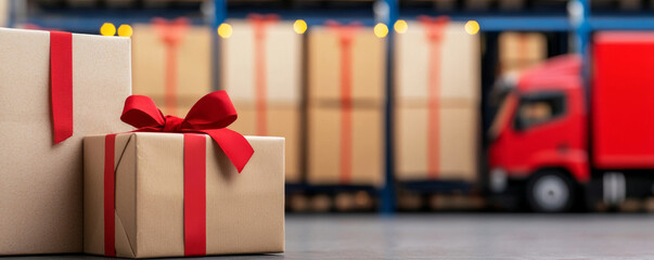 Christmas logistic concept. Wrapped gifts with red ribbons in delivery warehouse setting