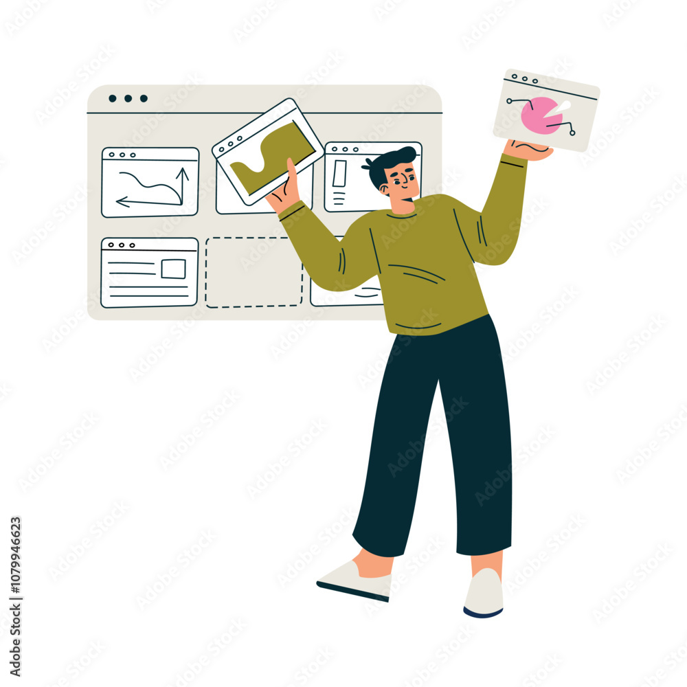 Poster productive workflow with man with window screen managing task vector illustration