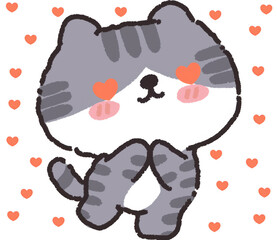 A cartoon cat with heart eyes, blushing and paws together, surrounded by floating hearts, looking lovestruck.