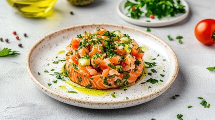 Fresh Salmon Tartare with Diced Tomato, Cucumber, and Herbs on a White Plate, Drizzled with Olive Oil and Garnished with Fresh Parsley