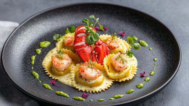 Exquisite Gourmet Lobster Ravioli Dish Decorated with Shrimp and Vibrant Green Sauce for Upscale Dining Experience in Fine Restaurant Setting