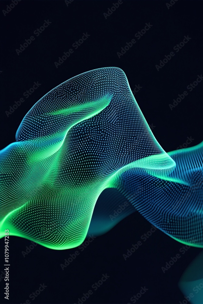 Poster abstract wave pattern with green and blue hues creating a dynamic visual effect against a dark backg