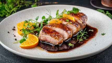 A Gourmet Dish of Tender Duck Breast Glazed with Orange Sauce Garnished with Fresh Herbs and Citrus Slices on a Rustic Plate