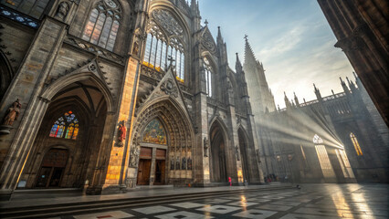 Fototapeta premium Massive Gothic Cathedral at Dawn, Arches, Stained Glass, Spires, Awe - inspiring Religious Grandeur.