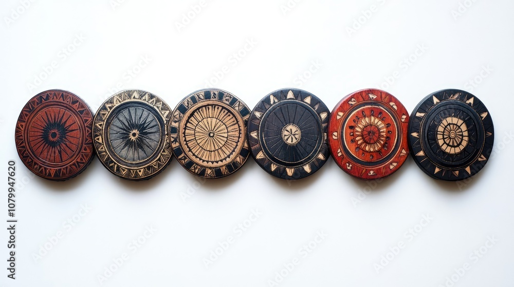 Aufkleber decorative wooden coasters with intricate designs and patterns arranged in a row on a light backgrou