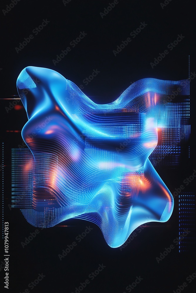 Poster abstract waveform visualization in shades of blue and orange with glowing effects for modern digital