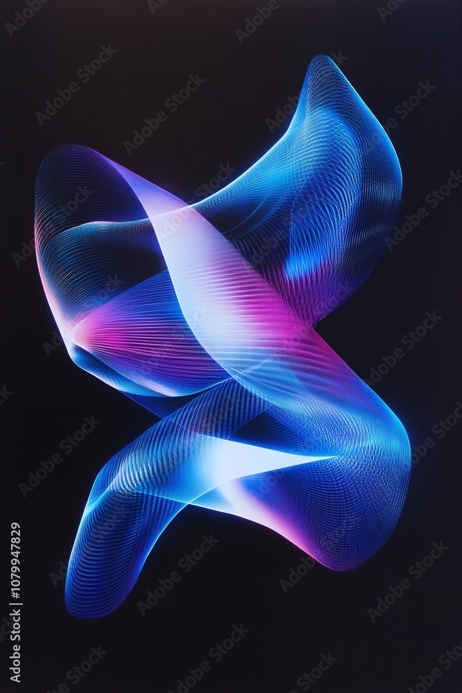 Poster abstract waves in vibrant blue and pink colors on a dark background with fluid motion representing e