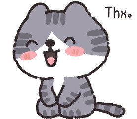A happy cartoon cat with clasped paws, blushing cheeks, and a big smile, with Thx written beside it, expressing gratitude.