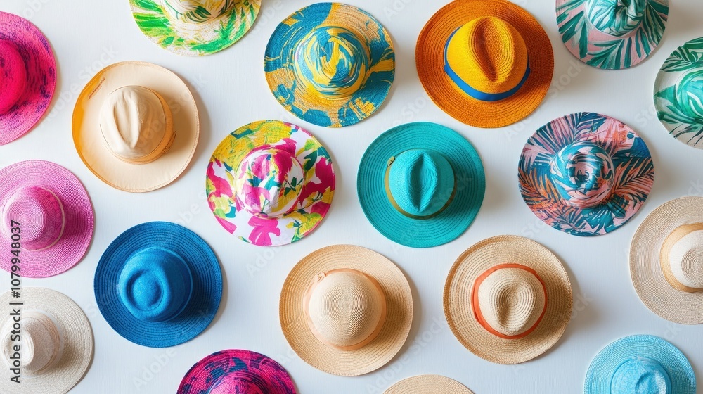 Poster a colorful display of various summer hats in different styles and designs arranged neatly on a brigh