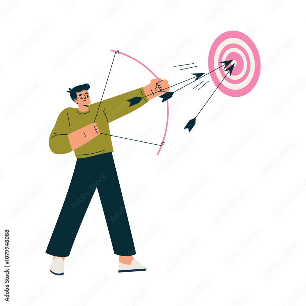 Poster productive workflow with man shooting arrow in dartboard managing task vector illustration