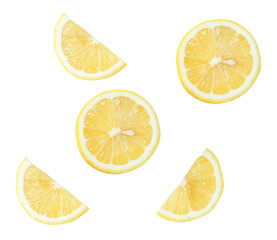 Top view set of fresh yellow lemon fruit in halves and slices or quarter scattering isolated with clipping path in png file format