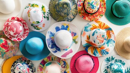 Vibrant Collection of Colorful Summer Hats Displayed in Artistic Arrangement Perfect for Fashion, Accessories, Beachwear, and Seasonal Styles