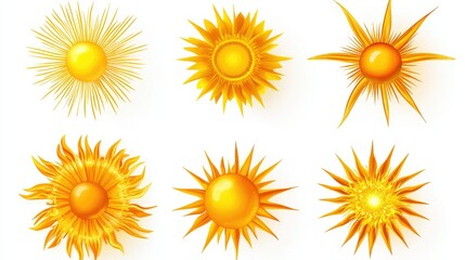 A Vibrant Collection of Six Unique Sun Illustrations Featuring Various Radiant Designs and Textures, Perfect for Brightening Up Any Creative Project or Artwork