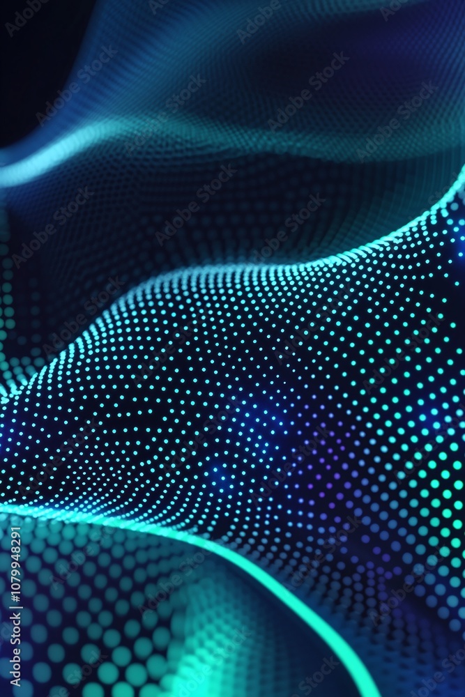 Poster Abstract Wavy Pattern of Circular Dots in Blue and Green Tones Representing Modern Digital Technology and Data Visualization Background