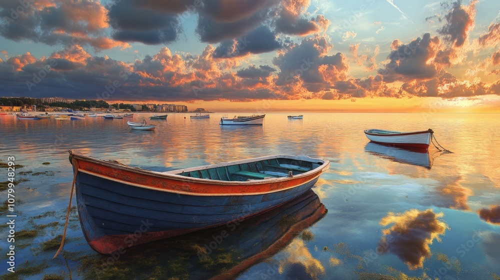 Poster a boat is floating in the water with a beautiful sunset in the background
