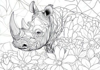 Obraz premium A detailed line drawing of a rhinoceros surrounded by various flowers, showcasing intricate patterns and floral designs.