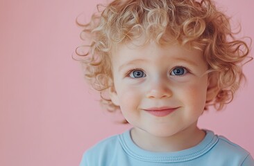 Naklejka premium Cute, happy, smiling toddler child with blond, curly hair, isolated on a pastel pink background.