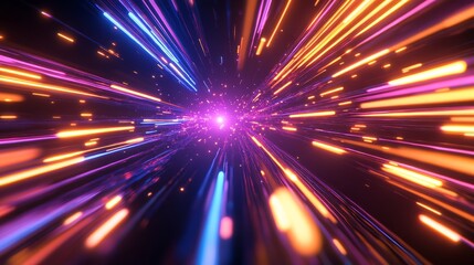 Obraz premium A dynamic sci-fi wallpaper illustrating the concept of hyper-speed space travel, with vivid glowing data streams and explosive motion, set against a single color background