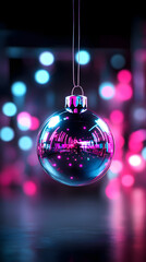 Fototapeta premium Schwebende Weihnachtskugel mit neonfarbenem Bokeh-Hintergrund