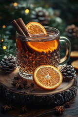 A warm and cozy mug of hot mulled wine, with aromatic cinnamon sticks and orange slices, perfect for a chilly winter evening.