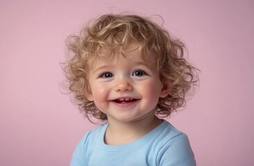 Naklejka premium Cute, happy, smiling toddler child with blond, curly hair, isolated on a pastel pink background.