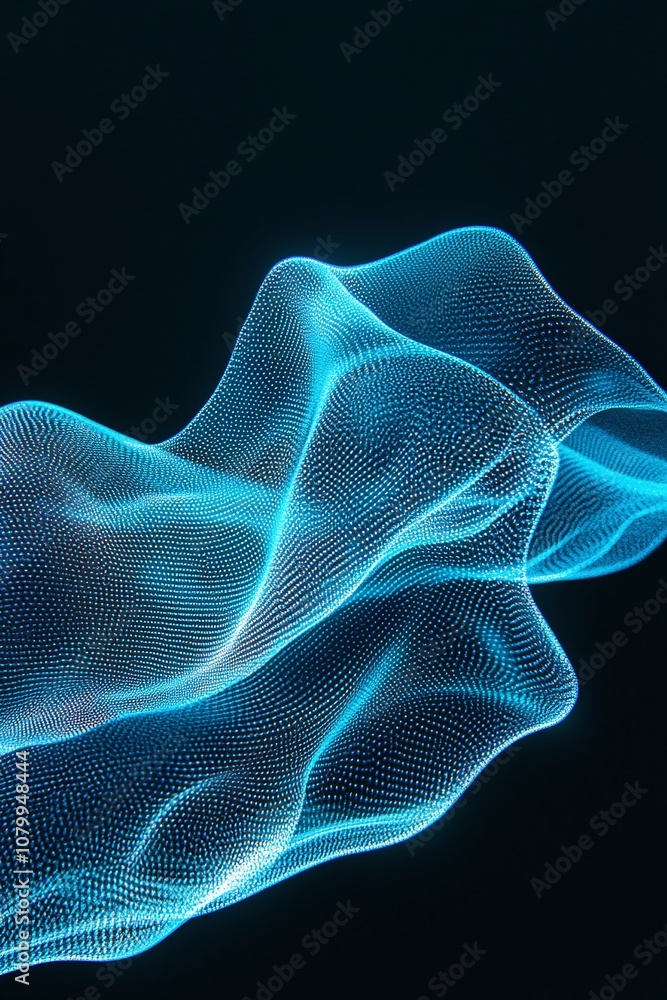 Poster captivating abstract digital wave form with blue light particles flowing gracefully over a dark back