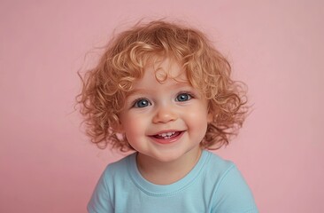 Naklejka premium Cute, happy, smiling toddler child with blond, curly hair, isolated on a pastel pink background.
