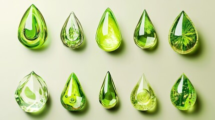 Stunning Array of Green Water Drops Illustrating Textures, Shapes, and Varied Opacity on a Soft Background for Nature and Decoration Themes