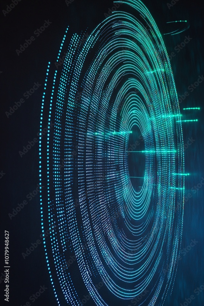 Poster circular light patterns in vibrant blue and green tones illuminating a dark background, creating a f