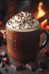 A rich cup of hot chocolate topped with fluffy whipped cream and a sprinkle of chocolate shavings, perfect for a cozy winter day.