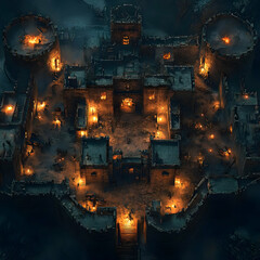 3D Illustration Burning Medieval Castle Ruins Night