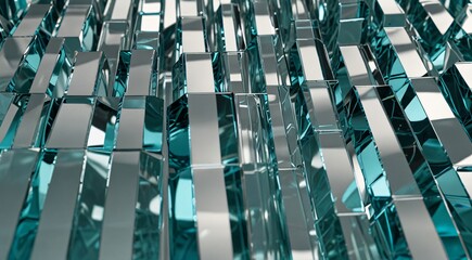 Fototapeta premium Futuristic glass blocks background, abstract teal crystal texture, geometric 3d glass pattern with reflective surfaces and light refraction