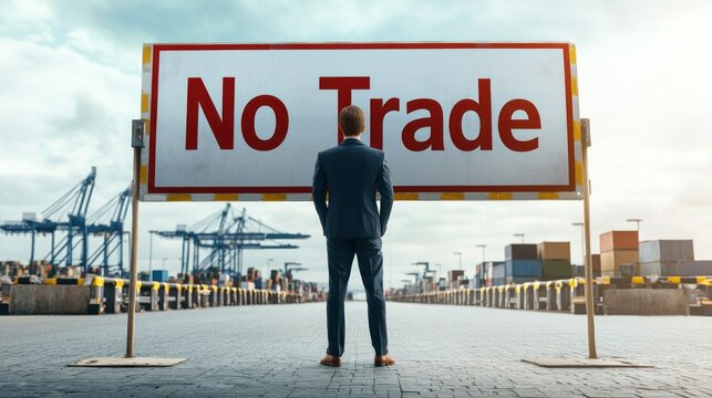 Giant NO TRADE sign towers over businessman on dock