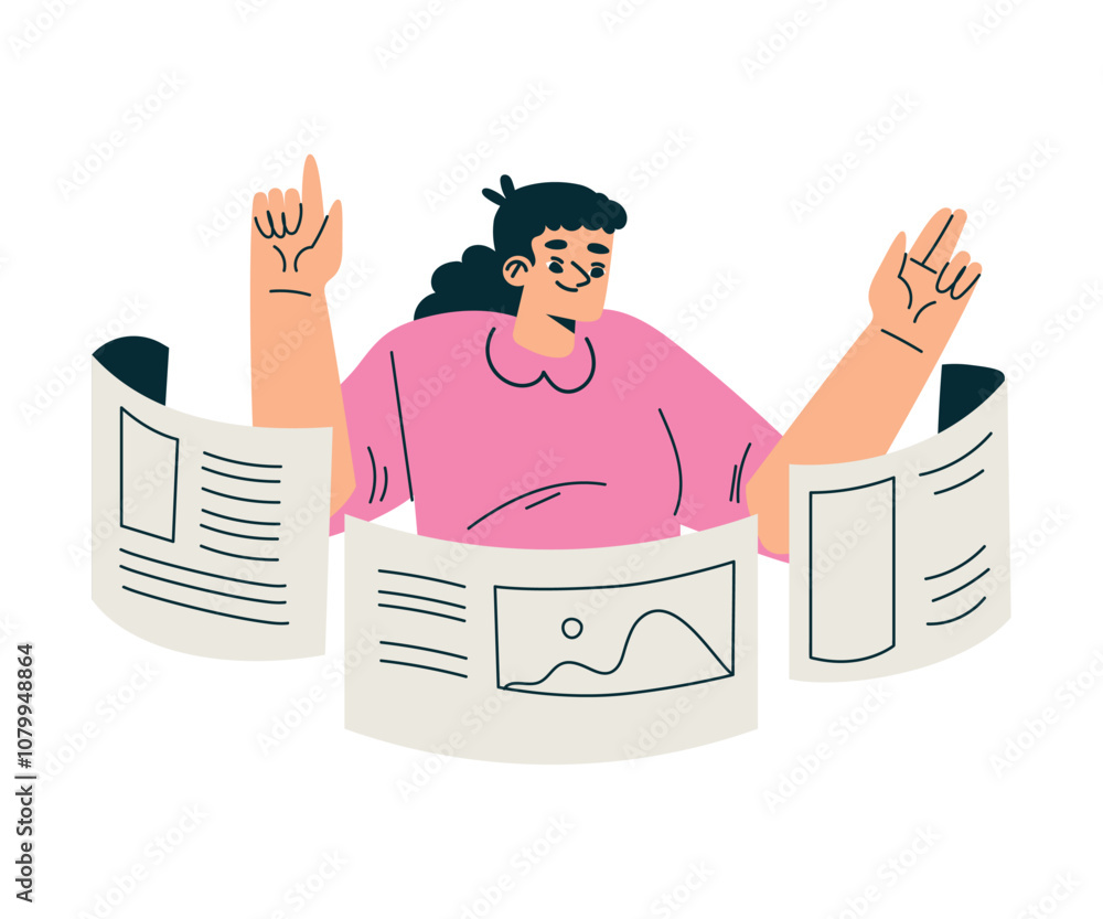 Aufkleber Productive Workflow with Woman with Web Window Screen Managing Task Vector Illustration