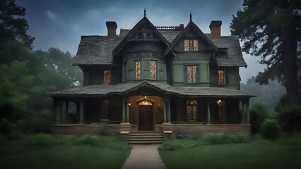 Fototapeta premium An old house stands quietly beneath a dark sky, surrounded by bare trees, with its yard stretching out in eerie silence.