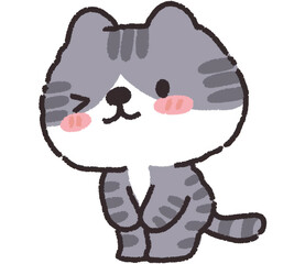 A cartoon cat winking with a playful expression, paws together and cheeks blushing.