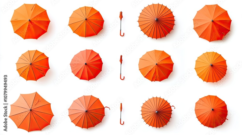 Poster various views of bright orange umbrellas aligned in a creative pattern on a white background for vib