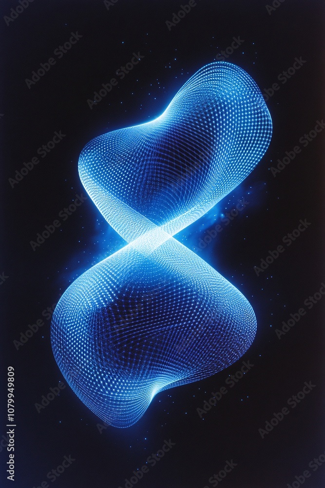 Poster ethereal blue waveform design representing infinity with abstract patterns and mesh structures in a 