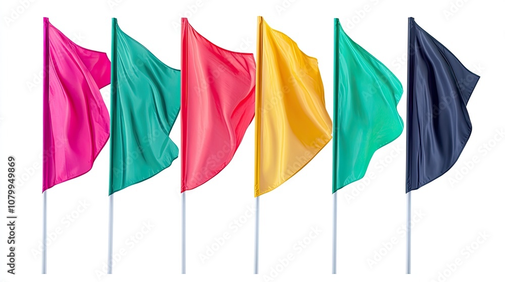 Poster colorful flags on poles displaying vibrant colors in a row, representing various themes of communica
