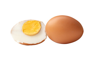 Side view of boiled or cooked brown chicken eggs with half and egg yolk in stack isolated with clipping path in png file format