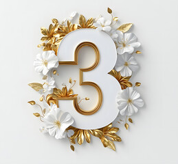 Title: Elegant number 3 adorned with golden and white floral decorations, perfect for luxury branding, anniversaries, celebrations, wedding designs, and artistic invitations

