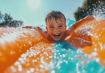 A young boy is sliding down an inflatable slide at the water park, his face beaming with joy as he wears blue swim trunks and holds onto the side of the orange rubber floating structure